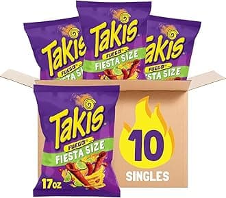 Takis Fuego 10 ct, 17 oz Fiesta Size Case, Hot Chili Pepper & Lime Flavored Extreme Spicy Rolled Tortilla Chips