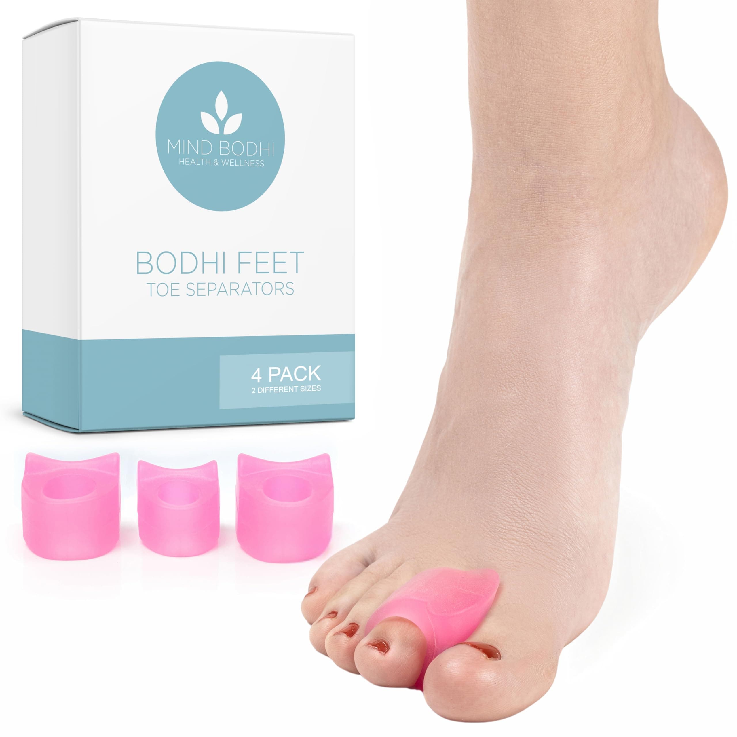 Mind Bodhi Toe Separators 4-Pack (Small and Large) to Cushion The Big Toe and Prevent it from Drifting Inwards (Toe Spacers Toe Spreader Toe Straightener Bunion Corrector Toe Stretcher) - Pink