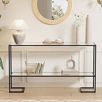 Cozy Castle 52" Entryway Table, 2-Tier Narrow Console Table with Tempered Glass & Sturdy Metal Frame, Modern Sofa Table with Storage Shelves for Entryway, Hallway, Foyer, Living Room, Black