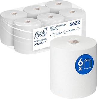 Scott 6622 Rolled Hand Towels, White Paper Towel Rolls for Hygienic Hand Drying, Embossed & Disposable, 1-Ply, Food Contact Certified, 6 x 300m (1,800m Total)