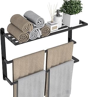 Towel Racks for Bathroom, 24 in Black Towel Shelf with Double Towel Bar, 3 Tier Stainless Steel Towel Storage, Bath Towel Holder Wall Mounted for Lavatory Organizer Decor RV Camping