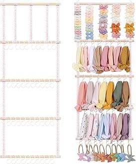 POVETIRE Headband Holder Hair Bows Organizer for Girls, Baby Headbands Hair Accessories Organizer Storage Wall Hanging Decor for Toddler Girls Room (Pink ribbon - 4 Tier)