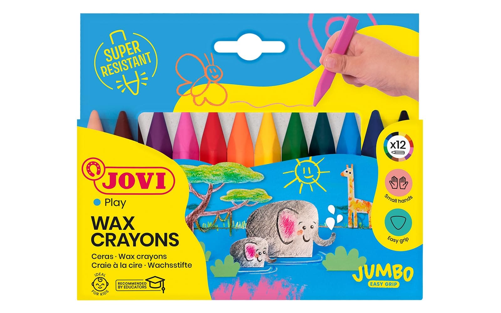– JUMBO EASY GRIP Case 12 triangular wax crayons assorted colours, Made in Spain