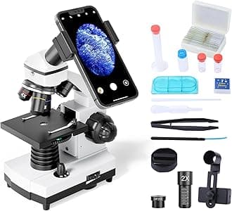 Microscope for Adults Kids Students 100-2000x Powerful Biological Educational Microscopes with Operation Accessories (10p), Slides Set (15p), Phone Adapter, Wire Shutter & Backpack