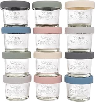 WeeSprout Glass Baby Food Storage Jars w/Lids (4 oz, 12 Pack Set) Snack, Puree, Reusable Small Containers, Breast Milk, Fridge or Freezer, Microwave & Dishwasher Safe, Essential Must Have for Infants