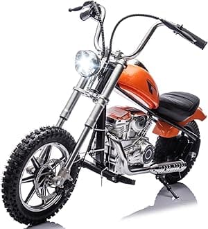 36V 7.5AH Electric Motorcycle for Kids, 350W Strong Motor 14MPH Fast Speed Electric Retro Off-Road Motorcycle, Leather Seat Dirt Bike, LED Lights, Air-Filled Tires, Silver Orange