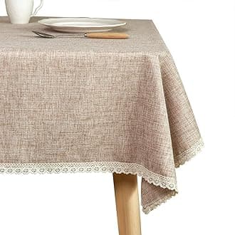 GLORY SEASON Burlap Table Clothes Linen Rustic Washable Tablecloth,Solid Heavy-Duty 60 x 102 Rectangle Overlay Lace Edge Table Cover for Kitchen Dinning Decoration