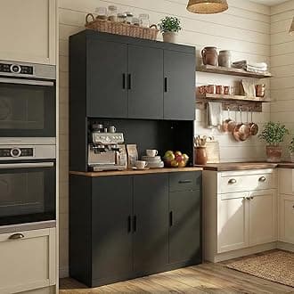 Black Kitchen Pantry Cabinet, 71" Tall Kitchen Storage Cabinet with Power Outlet, Freestanding Kitchen Hutch with countertop