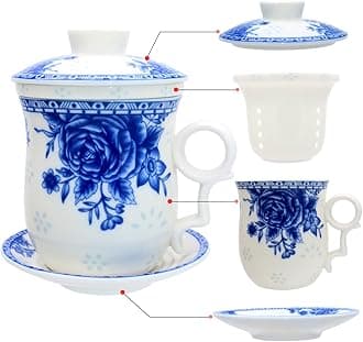 Porcelain Tea Cup with Infuser Lid and Saucer Sets - Chinese Jingdezhen Ceramics Coffee Mug Teacup Loose Leaf Tea Brewing System for Home Office