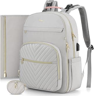 MOMUVO Diaper Bag Backpack, Quilted Baby Bag with Changing Pad and Stroller Straps and Pacifier Case, Multifunction Waterproof Travel Diaper Bags, Unisex, Light Grey and Pink