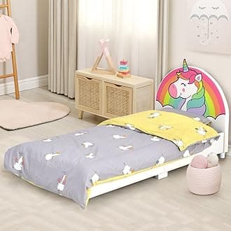HONEY JOYKids Bed, Toddler Upholstered Platform Floor Bed w/Headboard & Wooden Slat Base, No Box Spring Needed, Children Bedroom Furniture, Twin Bed Frames for Boys Girls, Twin Size in Unicorn