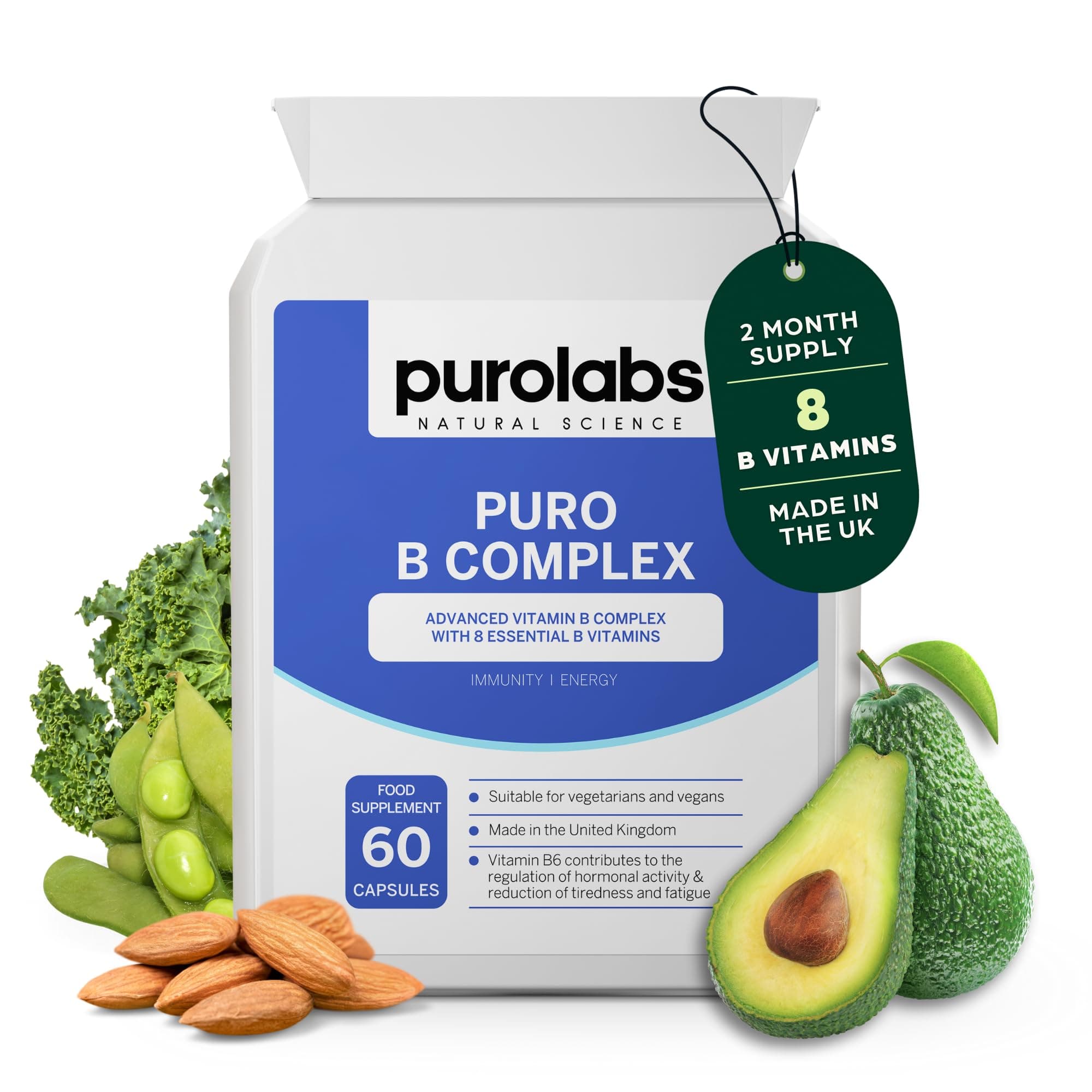 Purolabs Vitamin B Complex High Strength – High Strength VIT B Complex with 8 Essential B Vitamins – Methylated Folate & B12 Supplements with Vitamin B6 and B12 – 60 Vegan Capsules – Made in UK