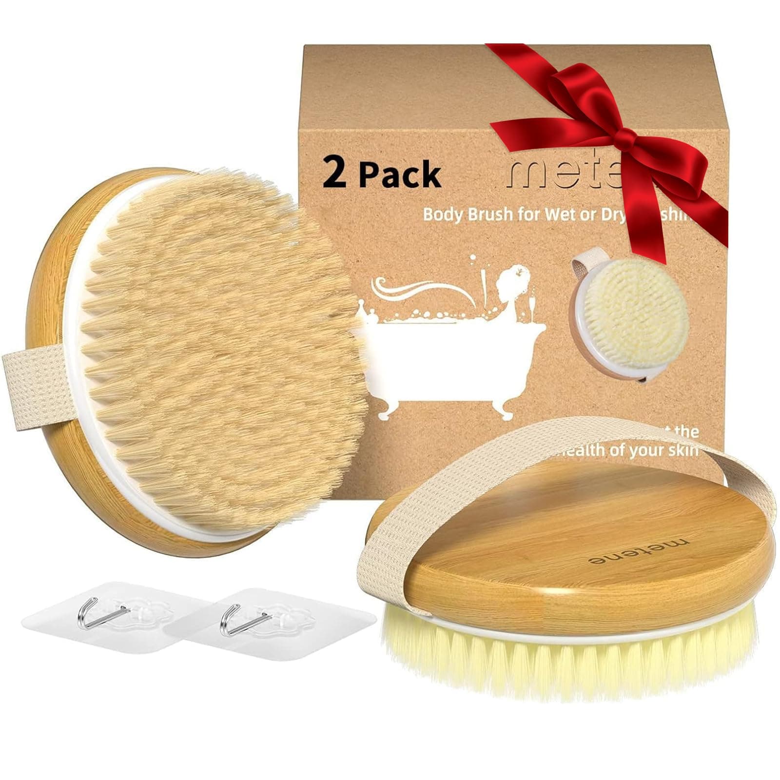 2 Pack Bamboo Dry Body Brushes, Shower Brush Wet and Dry Brushing, Dry Brush for Cellulite and Lymphatic, Body Scrubber with Soft and Stiff Bristles, Suitable for All Kinds of Skin