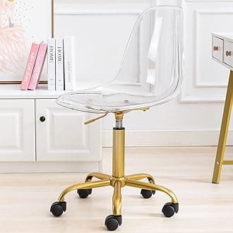 HOMEFUN Clear Desk Chair, Acrylic Rolling Armless Vanity Swivel Height Adjustable Ghost Molded Plastic Home Office Chairs with Golden Feet