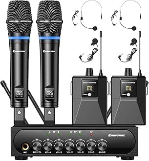 4 Channel UHF Wireless Mic Set with Handheld/Bodypack/Headset/Lapel Mics with Bluetooth Receiver Box + Volume Control Echo for Karaoke PA DJ Party (Wireless Microphone System)