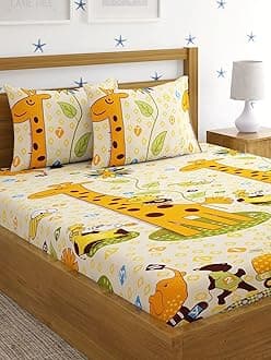 Home Sizzler 144 TC Microfibre Kid's Giraffe Double Bedsheet with 2 King Size Pillow Covers (Yellow)