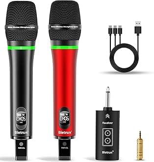 Bietrun Wireless Microphone, 240FT Rechargeable UHF Metal Dual Cordless Handheld Dynamic Mics with Bluetooth for Karaoke Machine, PA System Speaker, Mixer, Party, Church, Wedding(Red)