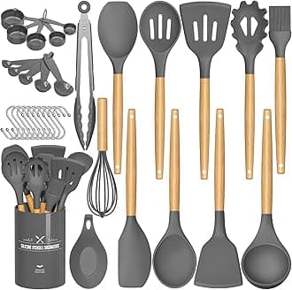 Kitchen Cooking Utensils Set, 33 pcs Non-stick Silicone Spatula Set with Holder, Woodle Handle Heat Resistant Gadgets Utensil (Gray)