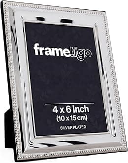 Silver Plated Bead Photo Frame, 4"x6" (10x15cm) Photo Size - Velvet Frame Backing & Stand - Real Glass Window - Tarnish Resistant - Landscape or Portrait Orientation