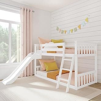 Max & Lily Solid Wood Twin Over Twin Size Low Bunk Beds for Kids with Slide and Ladder, 400 lbs Weight Capacity, 14" Safety Guardrail, Anti-Slip Steps, White