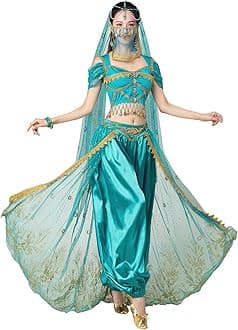 Arabian Jasmine Costume for Women Princess Dress Up Halloween Belly Dance Top Pants 4 Piece Outfit