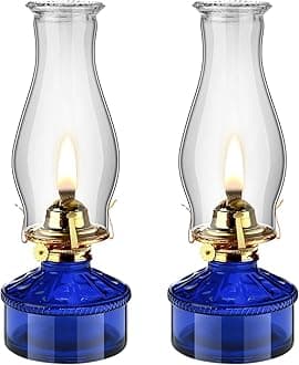Tuanse 2 Pcs Oil Lamps for Indoor Use Vintage Hurricane Emergency Glass Oil Lamps Large Lantern Classic Decorative Oil Lamp for Home Tabletop Emergency Lighting Supplies (Royal Blue)