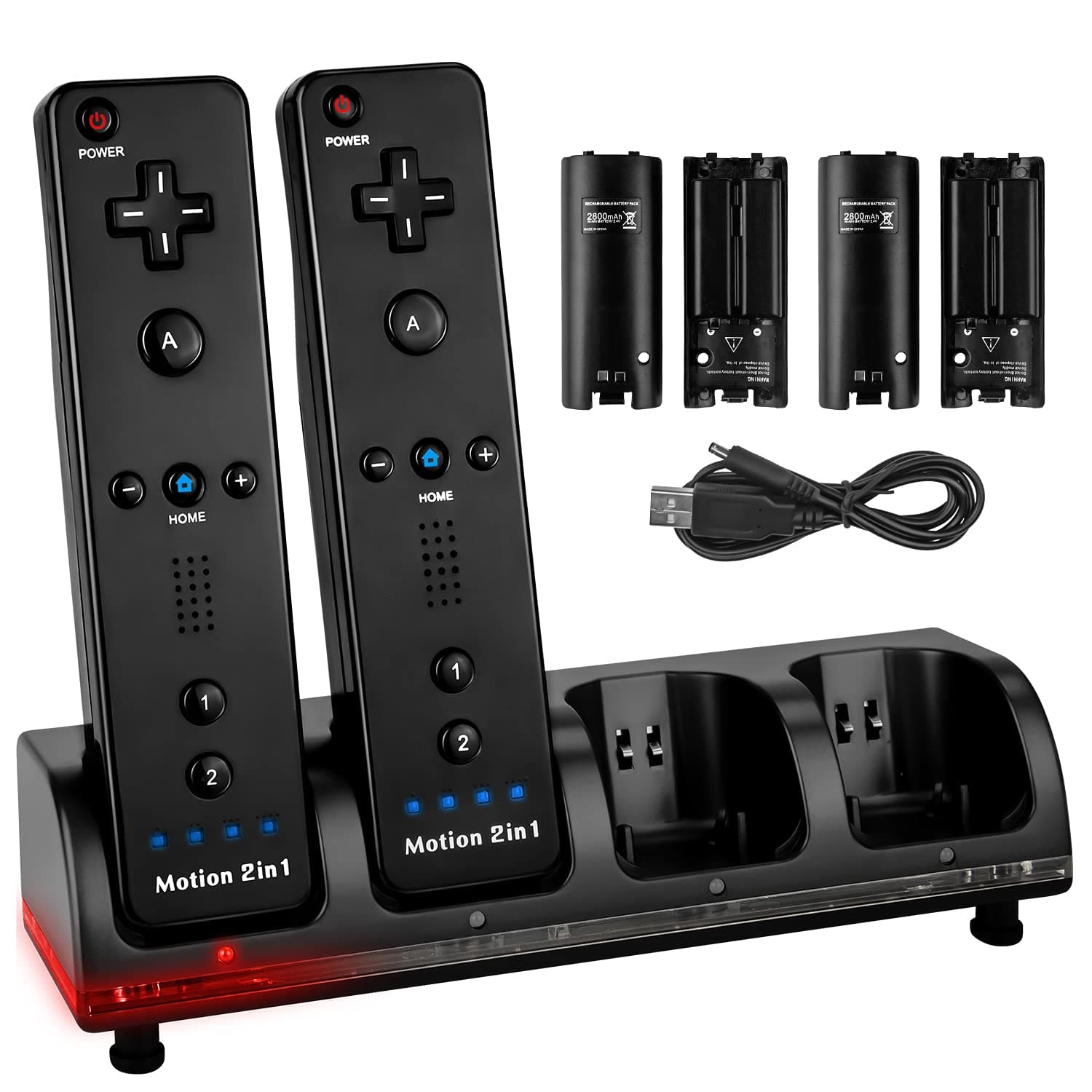 TechKen 4 Pack Rechargeable Battery for Wii Remote Controller, 4 x 2800mAh Batteries with Charging Dock Station Stand (Black)