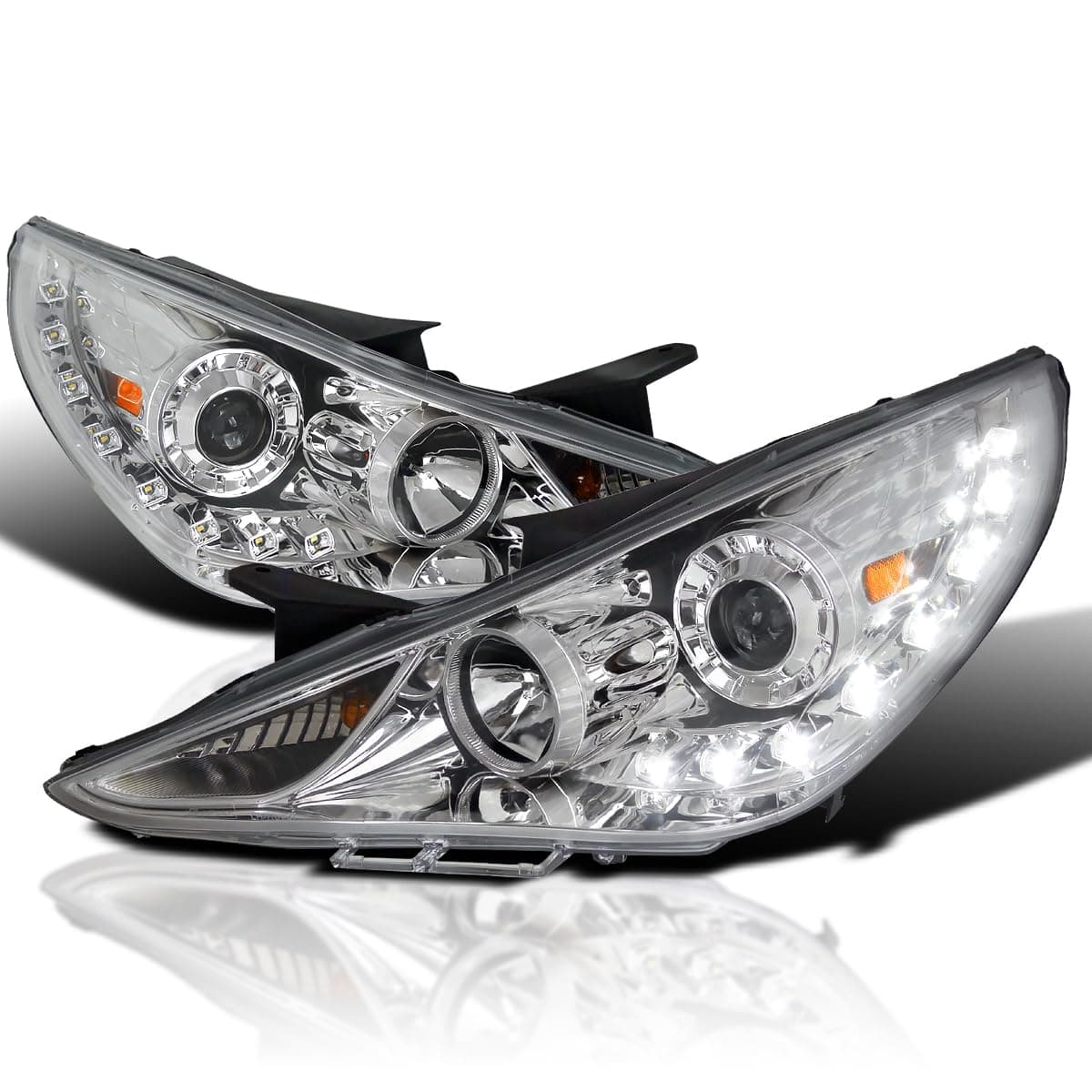 SMD LED Chrome Projector Headlights Compatible with 2011-2014 Hyundai Sonata, Left + Right Pair Headlamps Assembly
