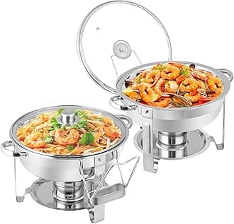Chafing Dish Buffet Set 5 QT Stainless Steel Chafing Dishes Round Buffet Food Warmer Chafers Set for Parties Catering Event with Glass Lid, Lid Holder 2 packs