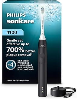 4100 Series Electric Toothbrush - Sonic Toothbrush with Advanced Sonic Technology, Pressure Sensor, Two Intensity Settings, Smartimer & Quadpacer, Black, Model HX3681/24