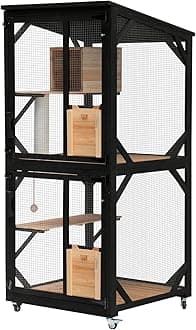 4 Tiers 70.9" H Cat Catio Cat House Outdoor Enclosure Window Large Outside Patio with Removable Floor, Scratching Post Sisal Ball 4 Wheels Waterproof Roof