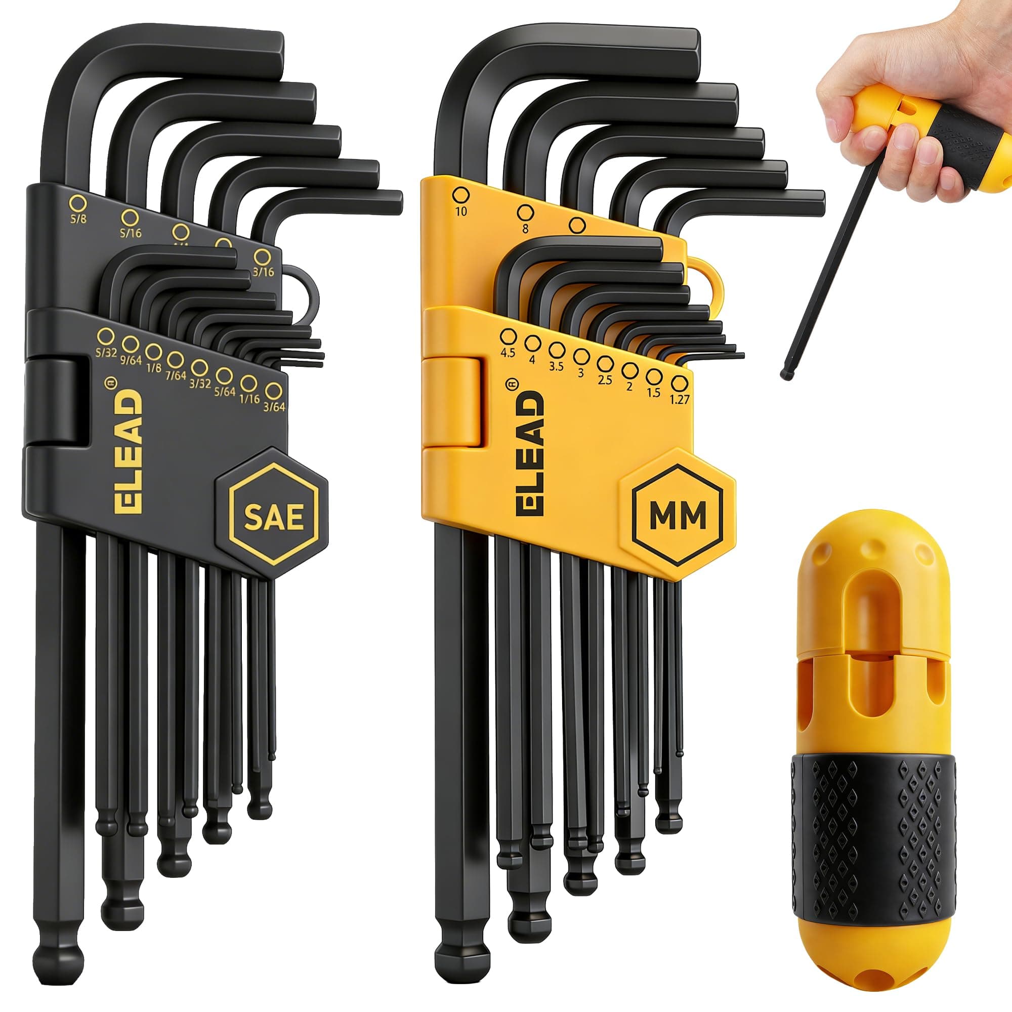 ELEAD Allen Wrench Hex Key Set: Premium 27pcs Durable Hex Key Set with Grip Handle, Long and Short Arm with Ball End, Metric & SAE Size Allen Key Set, Organized Storage