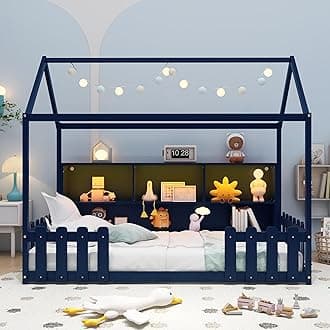 Twin Size House Bed for Kids with LED Light and Fence Guardrails,Wood Montessori Floor Bed Frame with Storage Bookshelf, Farmhouse Bed Frame for Girls Boys,Navy Blue