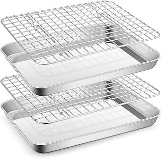 Metal Toaster Oven Tray with Rack Set, E-far 10.5”x8.3” Baking Sheet Broiling Pan with Stainless Steel Wire Grate Rack for Cooking Baking Bacon Steak Cooling Cookie - Dishwasher Safe