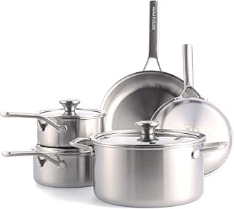 Tri-Ply Stainless Steel 8 Piece Cookware Pots & Pans Set,Professional Cooking,Multi Clad,Measurement Markings,Drip-Free Pouring Edges,Durable Glass Lids, Induction,Oven&Dishwasher Safe