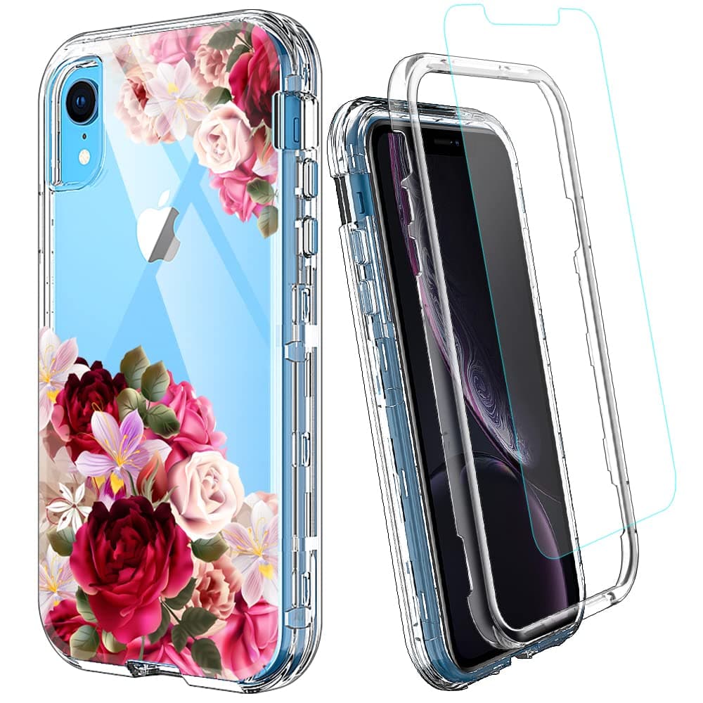 ACKETBOX iPhone Xr Cases with Screen Protector，Heavy Duty Floral Design for Girls and Women Hard Three Layer Full Body Shockproof Protective Cover for iPhone Xr (Flower-01)