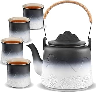 ZENS Vintage Japanese Tea Set, 33.8 oz Gradient Embossed Ceramic Japanese Teapot with Built-in Strainer for Tea Steeper, Hemp Rope Handle Loose Leaf Tea Pot with 4 Cups for Tea Party, Black & White