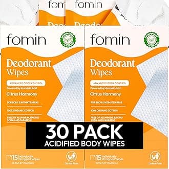 FOMIN Acidified Travel Deodorant Wipes For Women & Men - 30 Count - Citrus Harmony - pH Balanced, Mini Deodorant Travel Size Wipes - Plastic-Free, Individually Wrapped Underarm Body Wipes