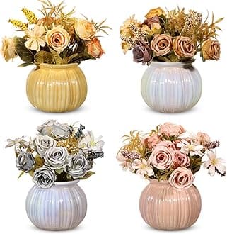 LUEUR 4PCS Artificial Fall Flowers Arrangement with Vase Fake Flower for Vase Small Faux Autumn Flowers Decor in Ceramic Pot for Centerpiece Table Autumn Decoration Farmhouse Kitchen Office Shelf