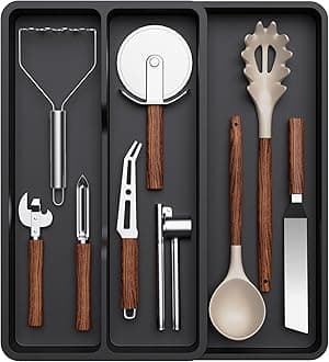 Cutlery Tray for Drawers, Kitchen Utensil Holder Expandable to 36.5 cm, Narrow Drawers Organiser Kitchen Depth 40 cm, Plastic Utensil Stand for Spatula/Knife/Spoon, Black