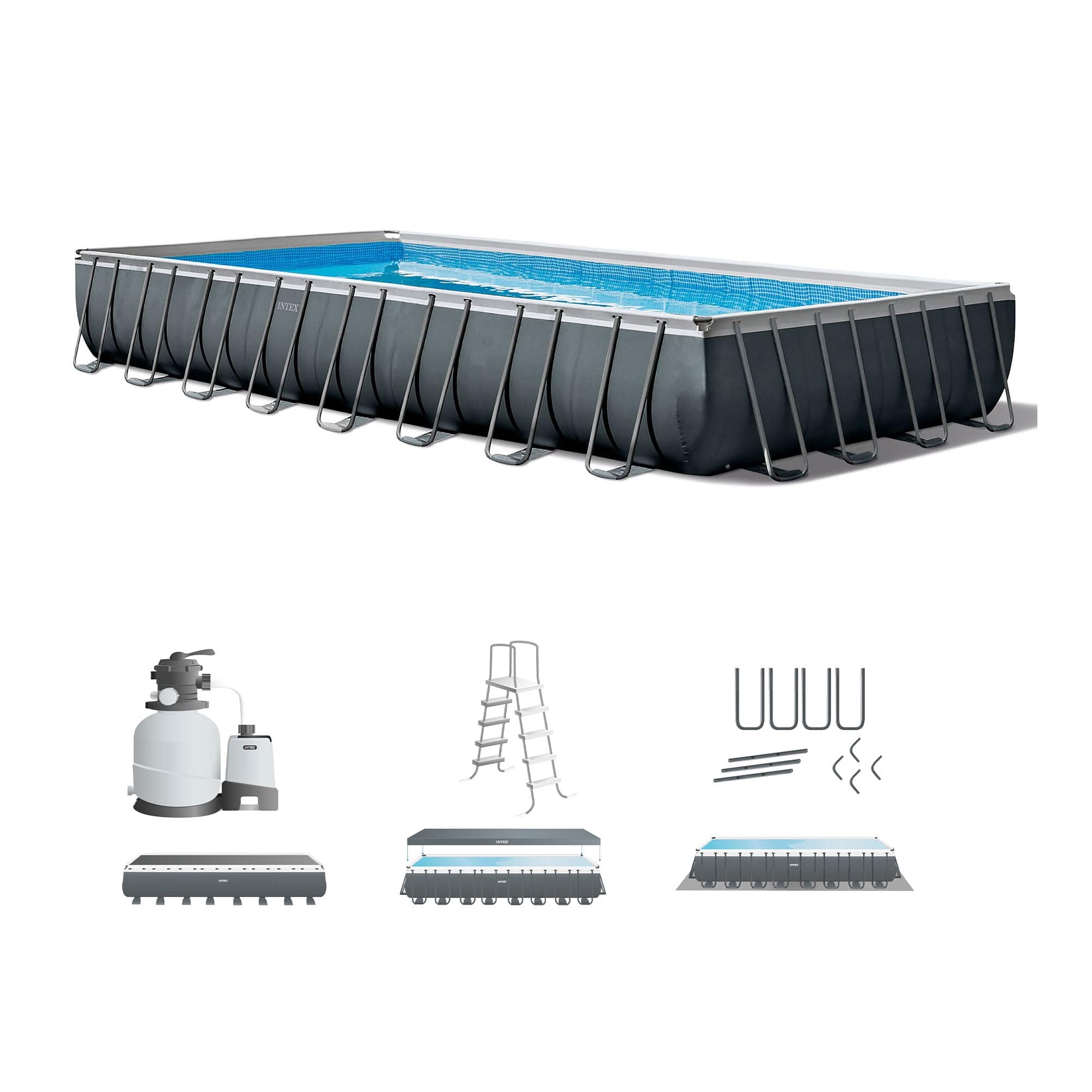 INTEX Ultra XTR 32 ft x 16 ft 52 in Above Ground Pool Set, Rectangular Swimming Pool with Steel Frame, 2800 GPH Sand Filter Pump, Ladder, Cover, & Ground Cloth