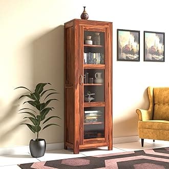 - Sheesham Wood Corner Book Shelf with Acrylic Glass Door | Wooden Sideboard Crockery Cabinet with 5 Shelf Storage | Kitchen Display Unit | Bookshelf for Home Library | Honey Finish