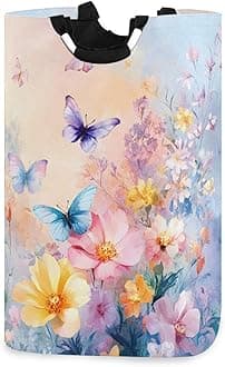 xigua Colorful Flowers and Butterflies Large Laundry Hamper with Handle, Foldable Clothes Hamper Collapsible Storage Basket for Toys and Clothes Organization in Bedroom, Bathroom, and Laundry Room