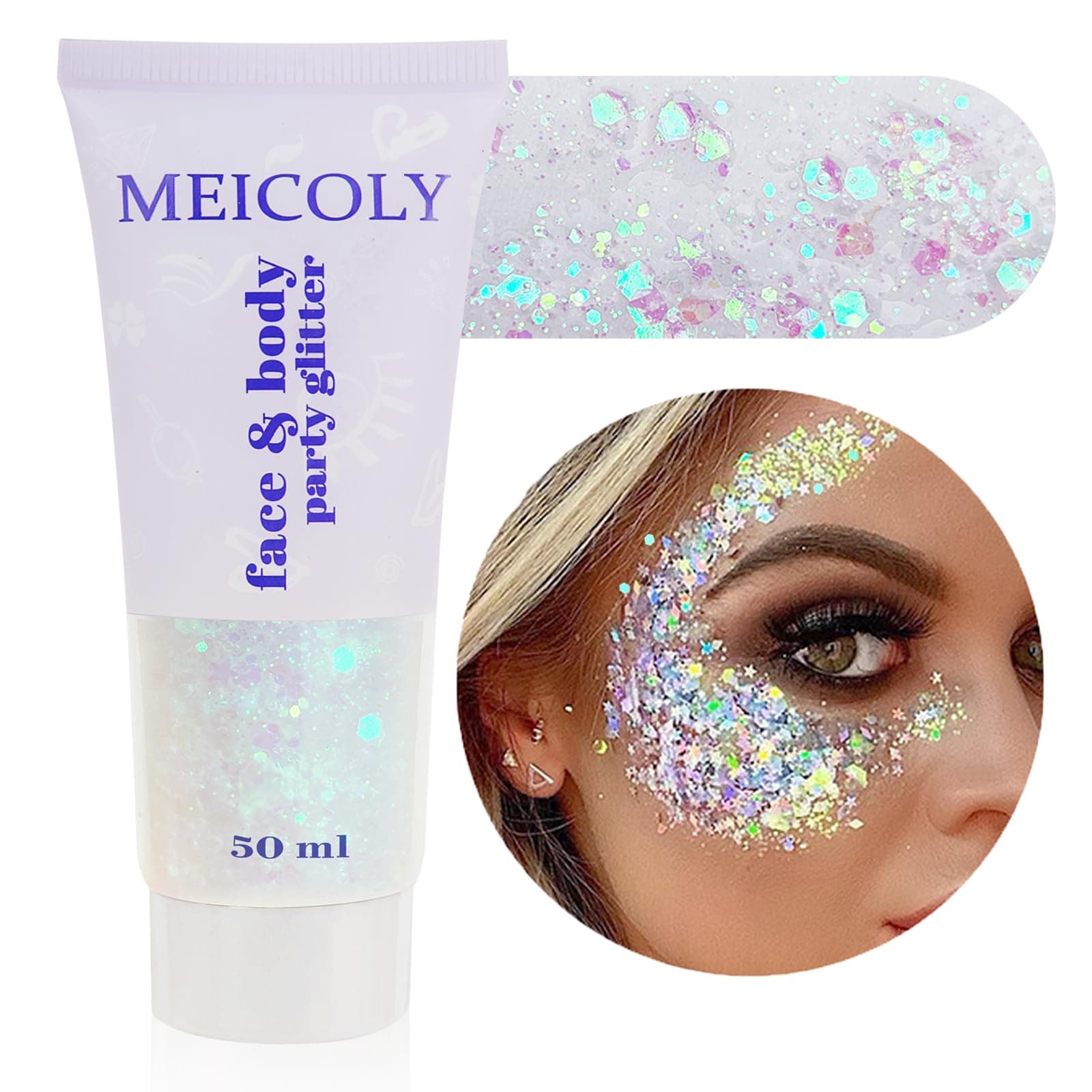 MEICOLY Clear White Body Glitter,Face Glitter,Sparkly Glitter Gifts,Stocking Stuffers for Women Kids Girls,Chunky Hair Glitter Gel,Singer Concerts Festival Rave Accessories,Mermaid Glitter Face Paint