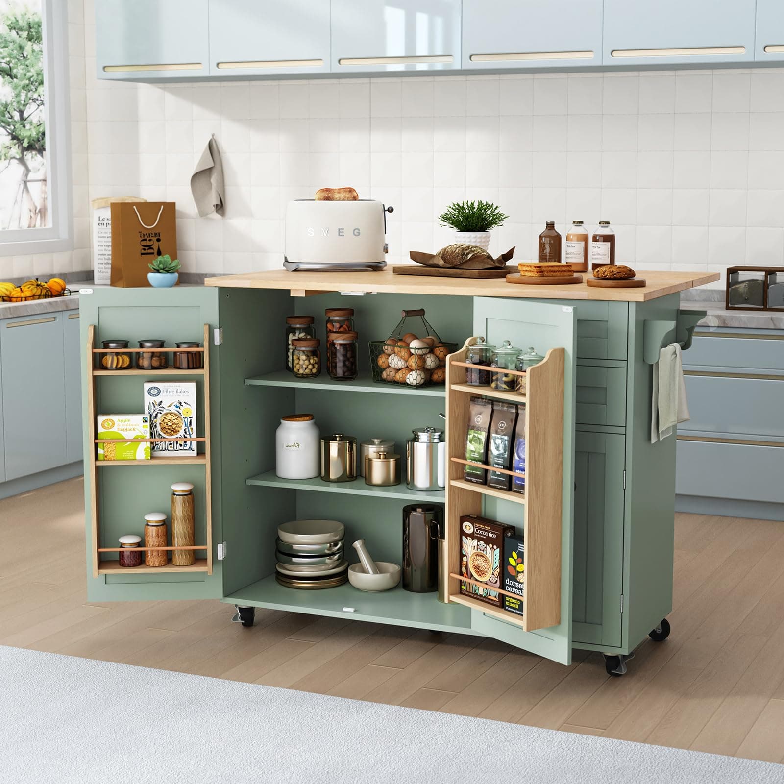 HLR Kitchen Island with Storage, Sage Green Rolling Kitchen Cart on Wheels with Drop-Leaf Bar Countertop, Islands Prep Table with Side Open Spice Rack and Tower Rack, Extra Storage for Kitchen