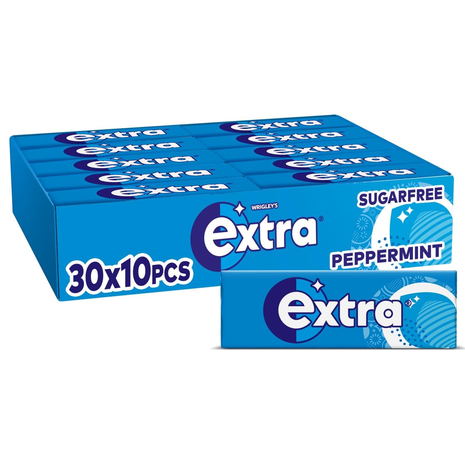 Wrigley's Extra Chewing Gum, Peppermint Flavour, 30 Packs of 10 Pieces, Sugar Free Chewing Gum Bulk Pack with Xylitol (300 pieces)