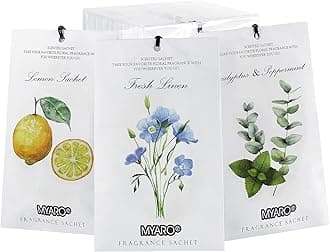 MYARO 12 Packs Scented Sachets for Drawer and Closet, Long-Lasting Closet Deodorizer Freshener, Potpourri Bags Room Scents Smell Goods for House 3 Scents - Fresh Linen, Eucalyptus Peppermint, Lemon