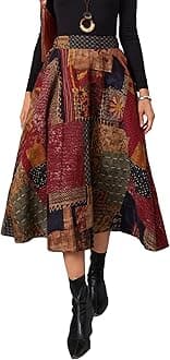 WDIRARA Women's Patchwork Skirt High Waisted A Line Flowy Boho Vintage Midi Skirt