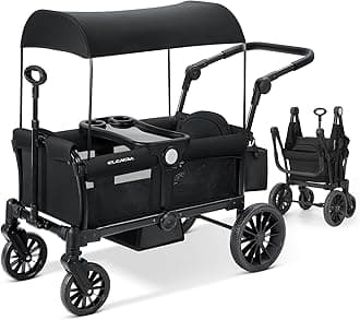 ELEMARA Stroller Wagon for 2 Kids, Foldable Wagon Stroller, Premium All Terrain Wagon for Kids, Kids Wagon Cart w/Removable Canopy, Adjustable Push/Pull Handle, Harnesses, Large Storage Bag, Black