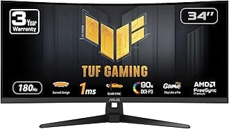 TUF Gaming 34” Ultra-Wide Curved Monitor (VG34VQ3B) – 21:9 QHD (3440x1440), 180Hz, 1ms, Extreme Low Motion Blur Sync, FreeSync Premium, Speaker, 90% DCI-P3, DisplayWidget Center, 3 yr Warranty